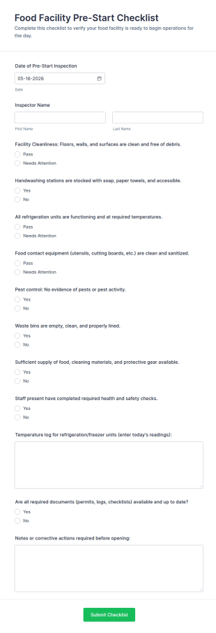 Food Facility Pre Start Checklist Form Template
