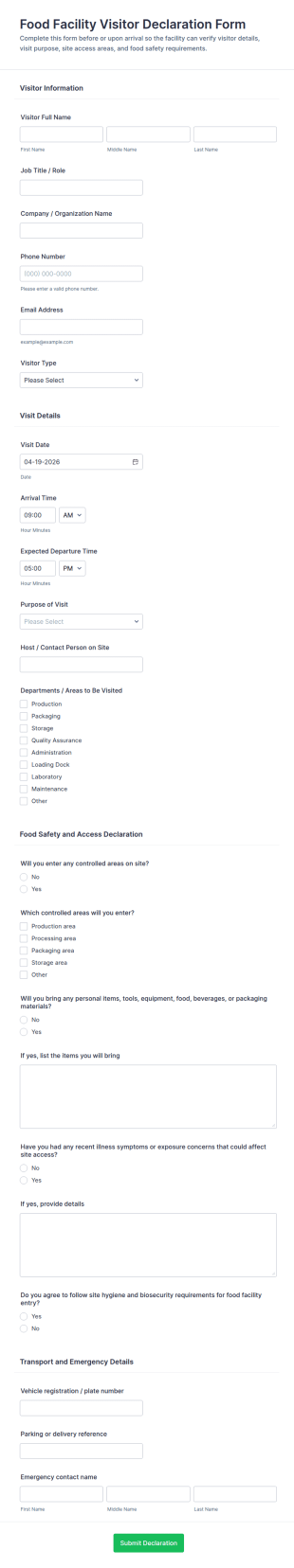 Food Facility Visitor Declaration Form Template