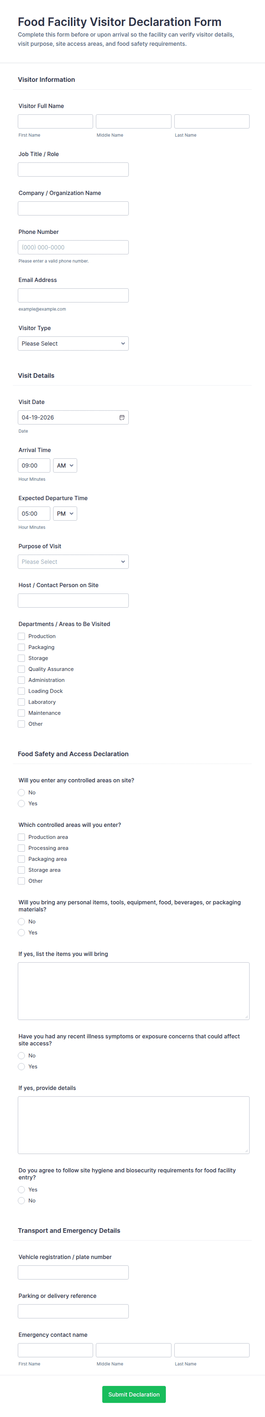 Food Declaration Form Template.pdf Food Facility Visitor Declaration Form Template | Jotform