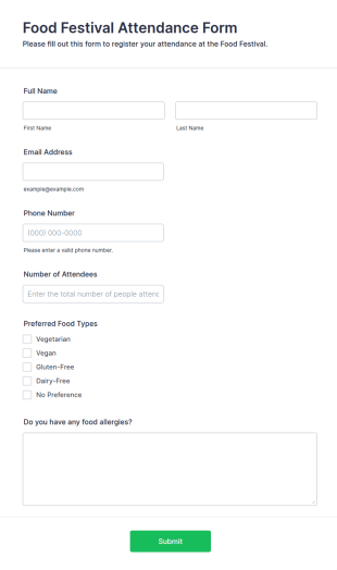 Food Festival Attendance Form Template