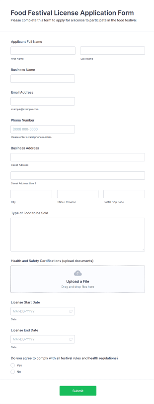 Food Festival License Application Form Form Template