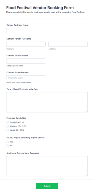Food Festival Vendor Booking Form Template