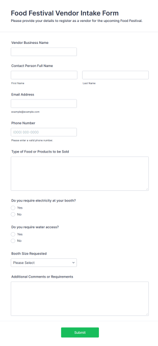 Food Festival Vendor Intake Form Form Template