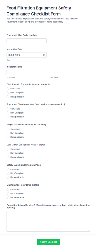 Food Filtration Equipment Safety Compliance Checklist Form Template