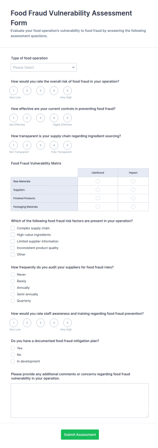 Food Fraud Vulnerability Assessment Form Template