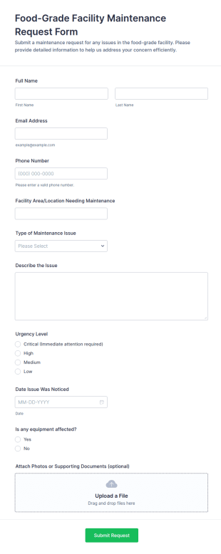 Food Grade Facility Maintenance Request Form Template