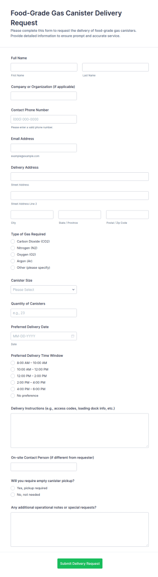 Food Grade Gas Canister Delivery Request Form Template