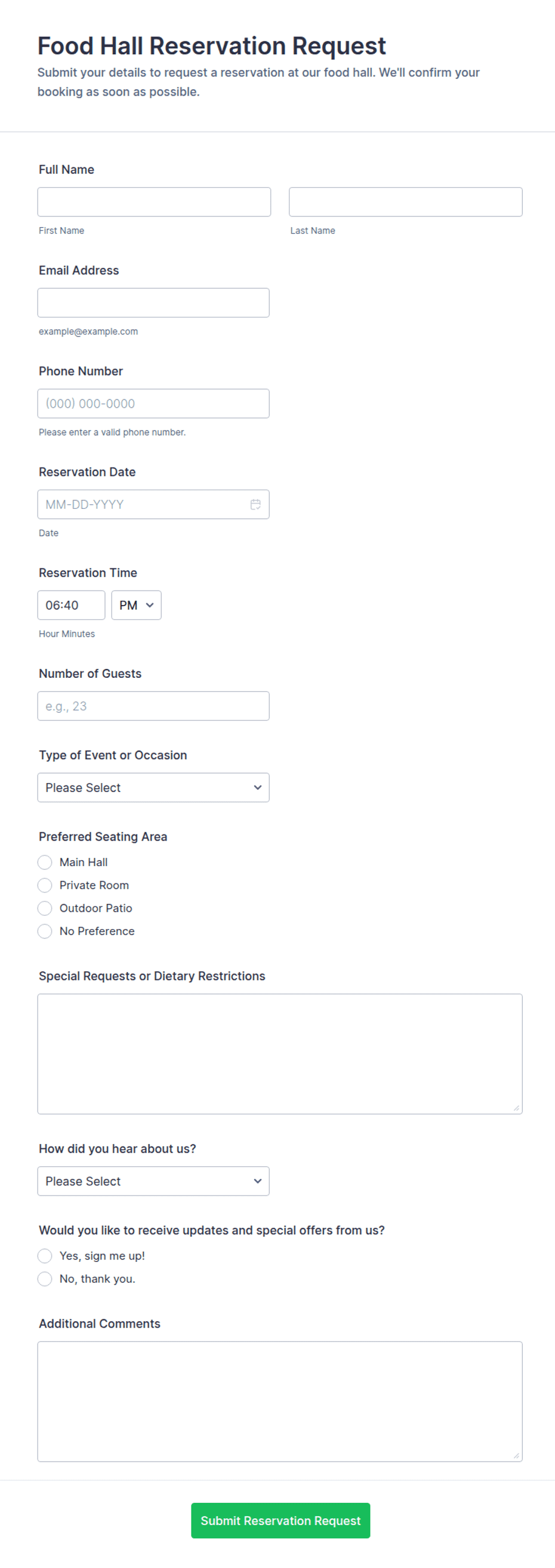 Buffet Request Form Food Hall Reservation Request Form Template | Jotform