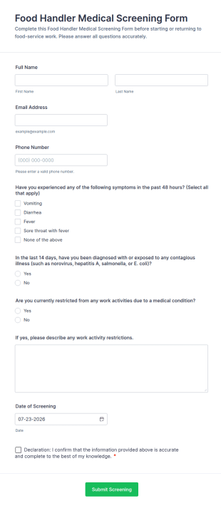 Food Handler Medical Screening Form Template