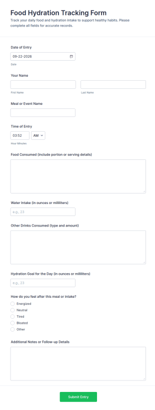 Food Hydration Tracking Form Template