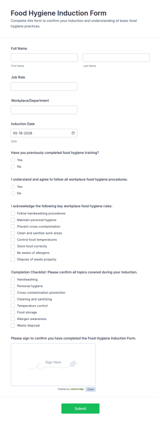 Food Hygiene Induction Form Template