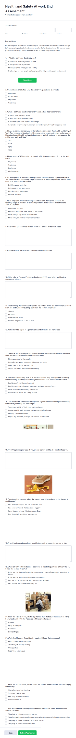 Food Hygiene Course Assessment Form Template