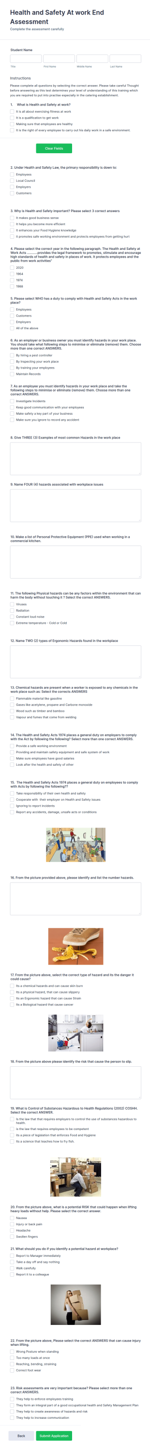 Food Hygiene Course Assessment Form Template