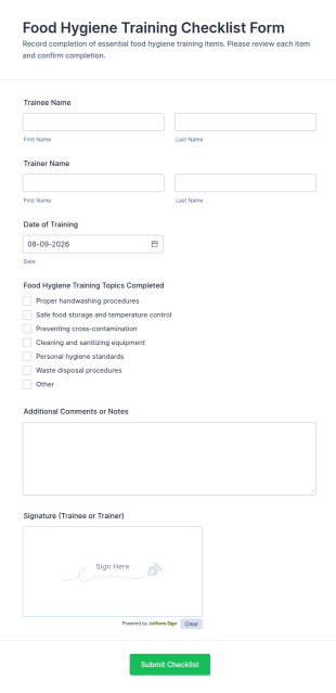 Food Hygiene Training Checklist Form Template