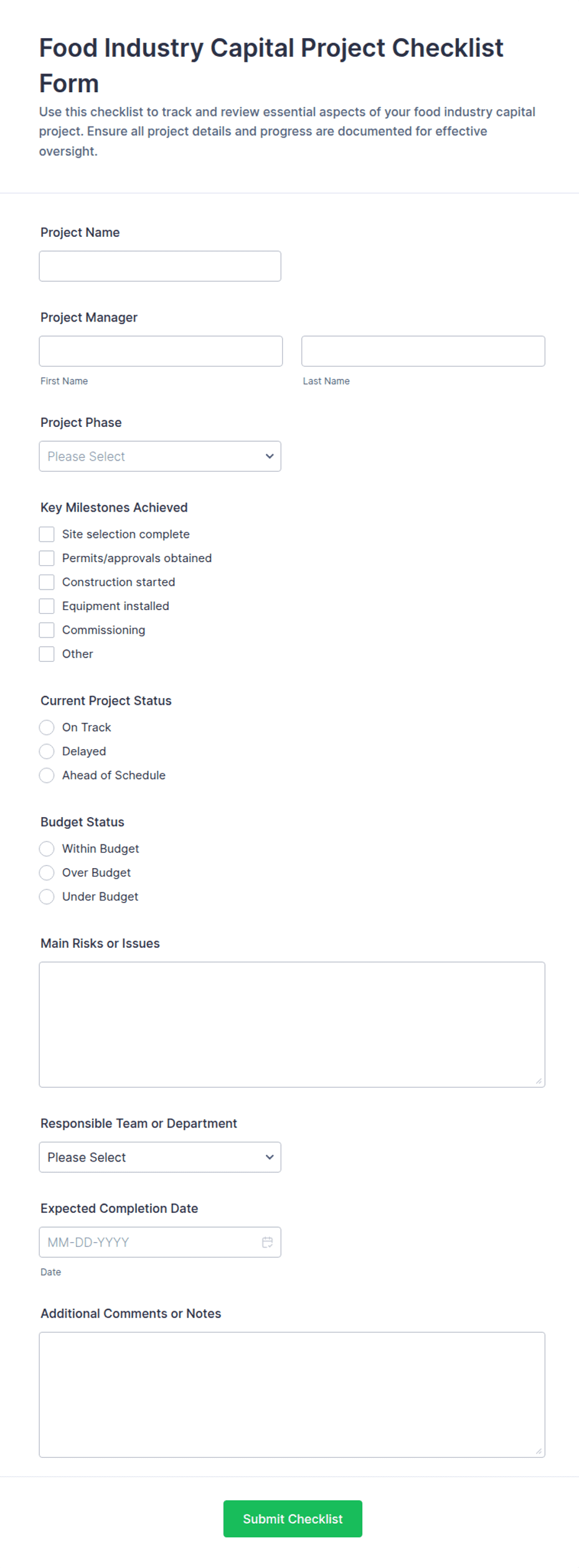 Food Industry Capital Project Checklist Form Template | Jotform