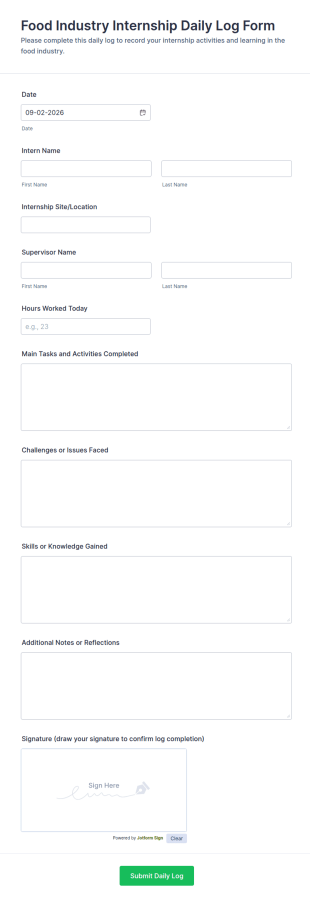 Food Industry Internship Daily Log Form Template