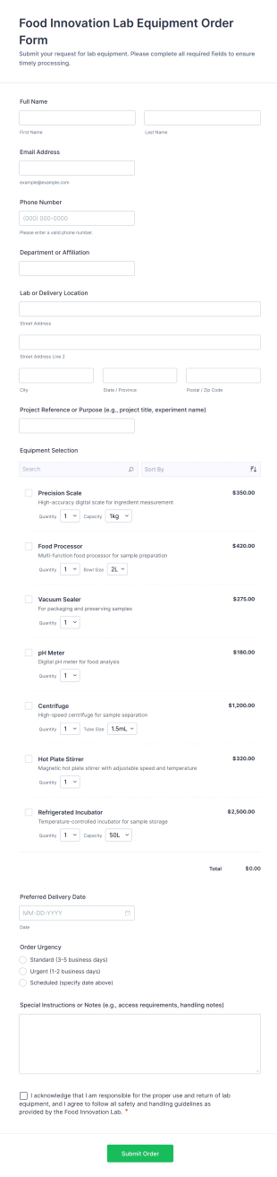Food Innovation Lab Equipment Order Form Form Template