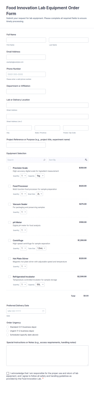 Food Innovation Lab Equipment Order Form Template