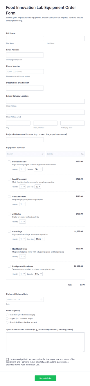 Food Innovation Lab Equipment Order Form Template