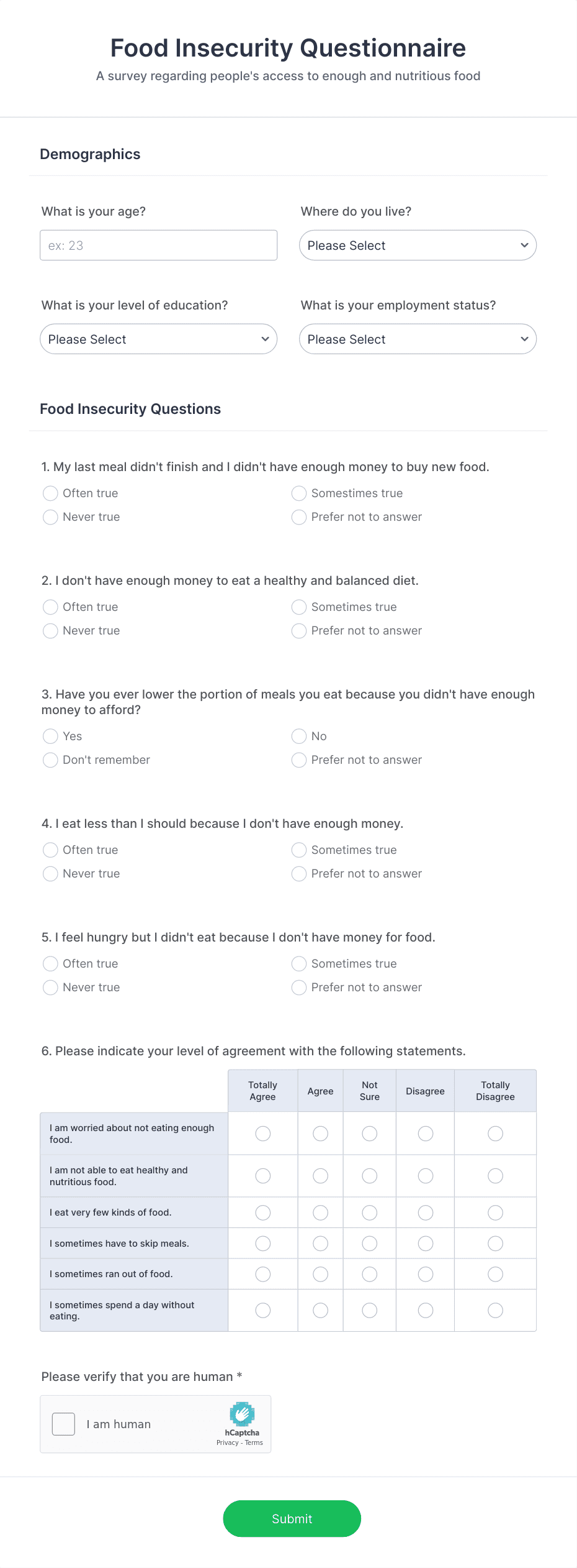 Food Insecurity Questionnaire Form Template | Jotform