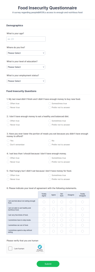 Food Insecurity Questionnaire Form Template