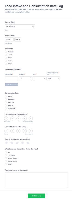 Food Intake And Consumption Rate Log Form Template