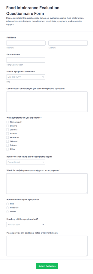 Food Intolerance Evaluation Questionnaire Form Template