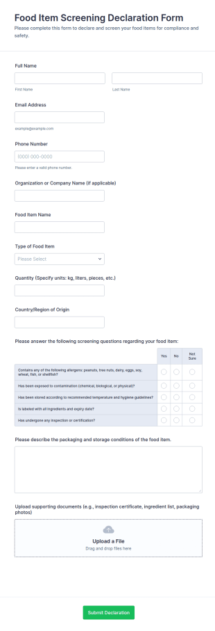 Food Item Screening Declaration Form Template