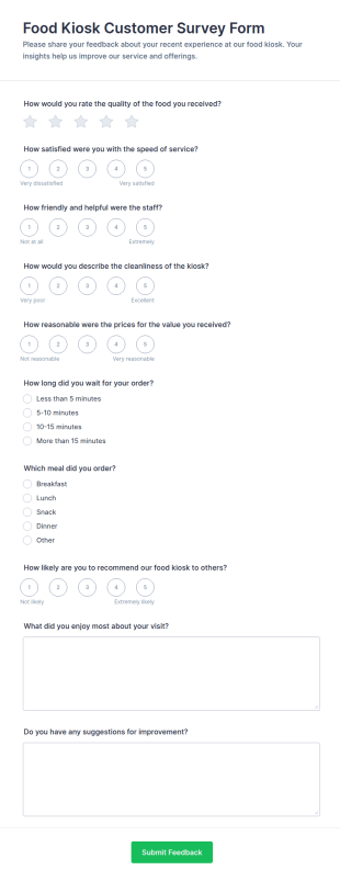 Food Kiosk Customer Survey Form Template