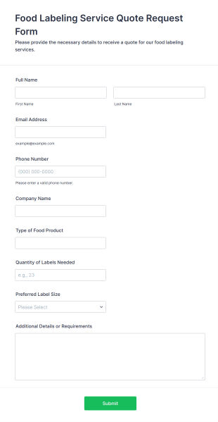 Food Labeling Service Quote Request Form Form Template