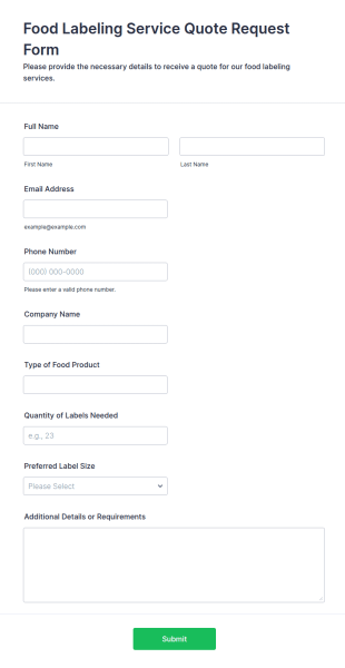 Food Labeling Service Quote Request Form Template