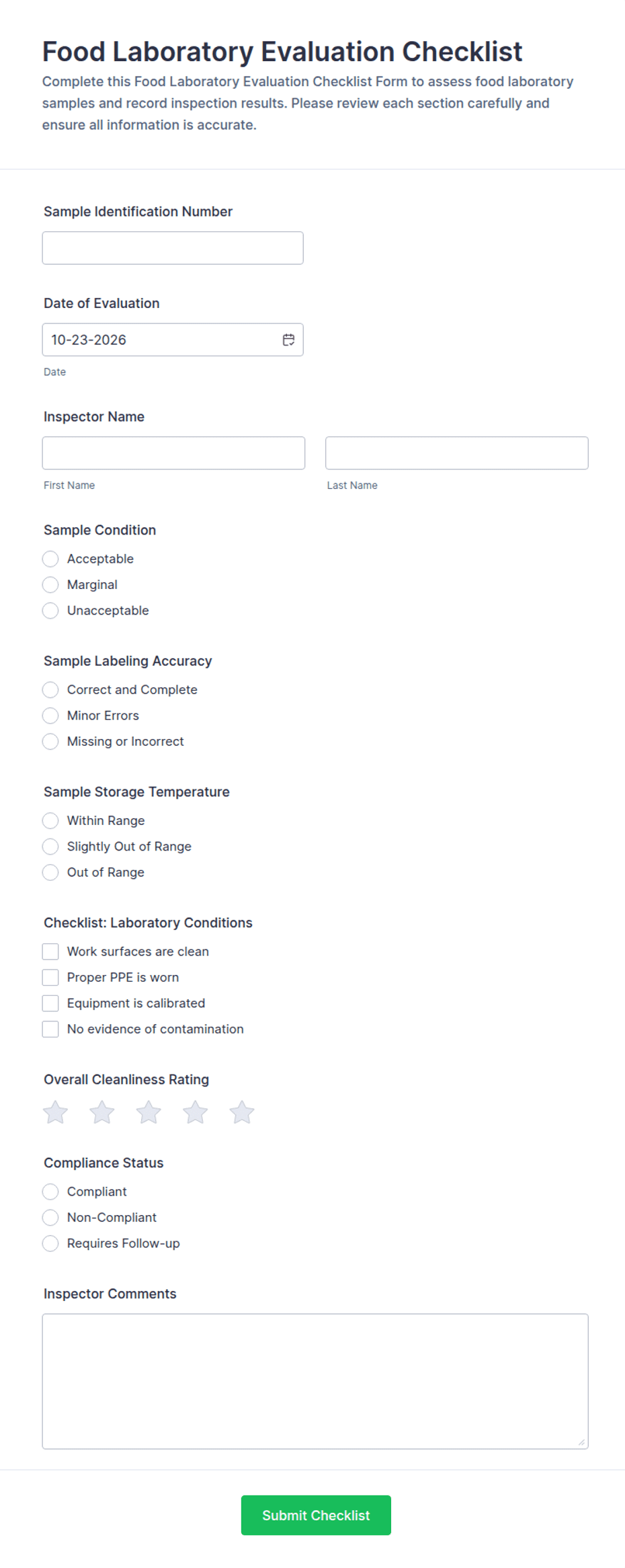 Food Laboratory Evaluation Checklist Form Template | Jotform