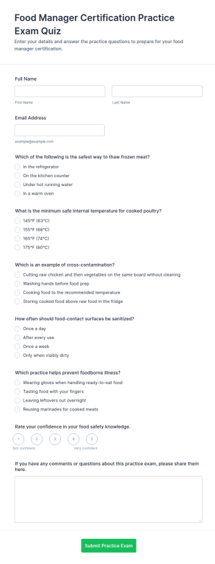 Food Manager Certification Practice Exam Quiz Form Template