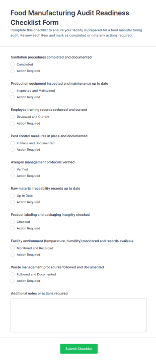 Food Manufacturing Audit Readiness Checklist Form Template
