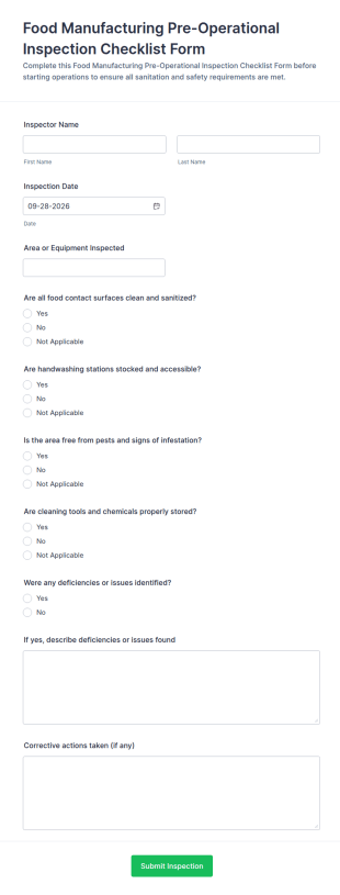 Food Manufacturing Pre Operational Inspection Checklist Form Template