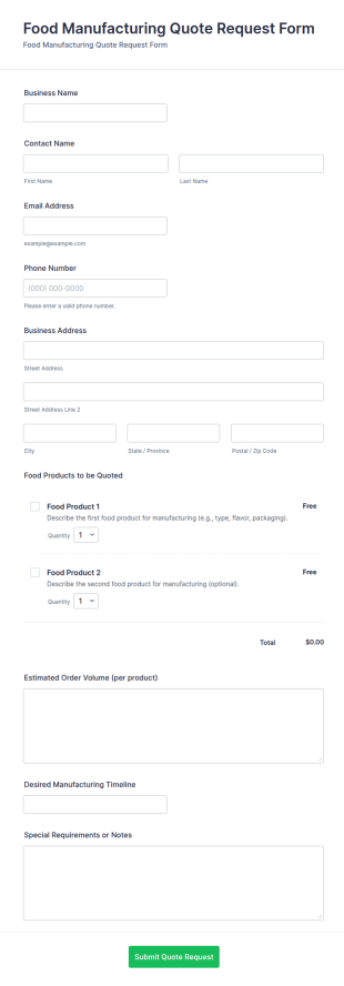 Food Manufacturing Quote Request Form Template
