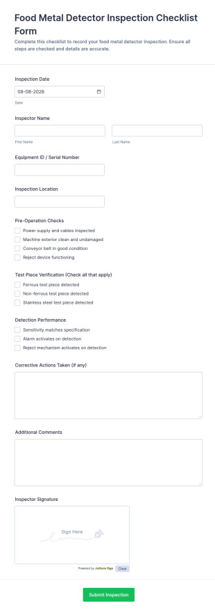 Food Metal Detector Inspection Checklist Form Template