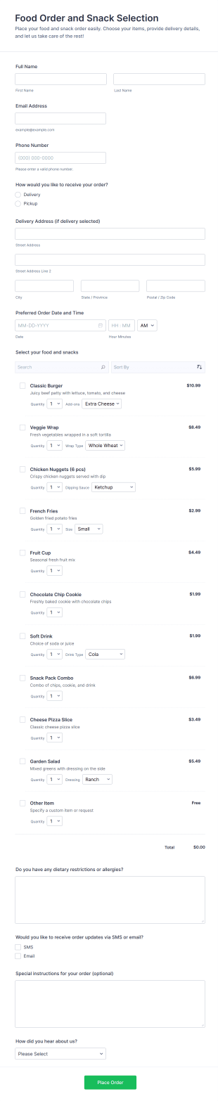 Food Order And Snack Selection Form Template
