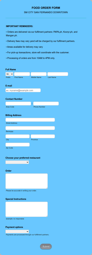 Food Order Form Template