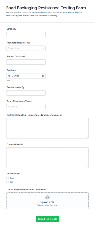 Food Packaging Resistance Testing Form Template
