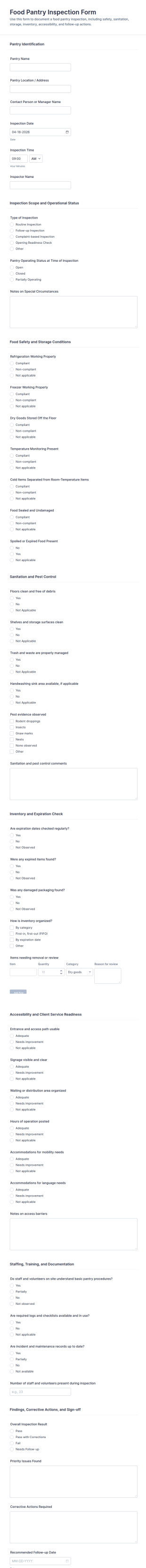 Food Pantry Inspection Form Template