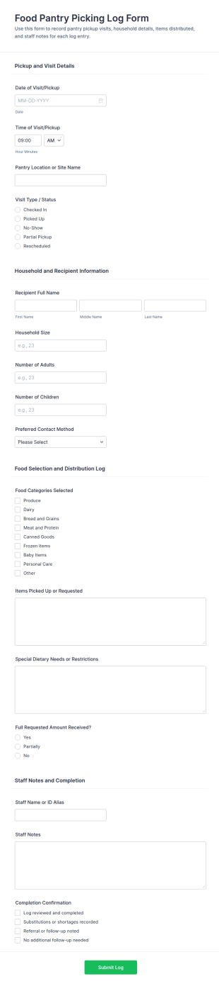Food Pantry Picking Log Form Template