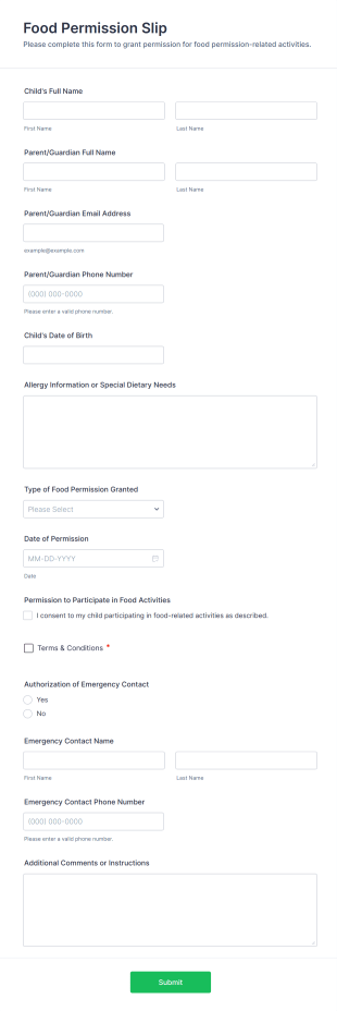 Food Permission Slip Form Template