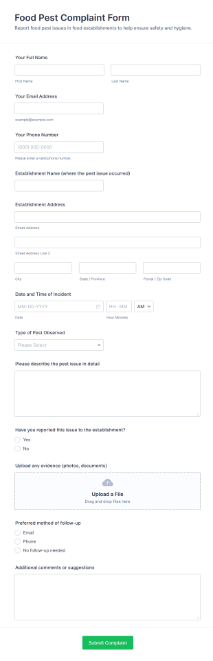 Food Pest Complaint Form Template