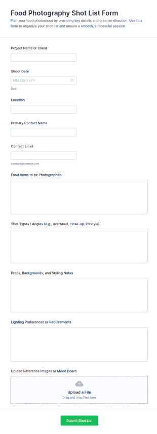 Food Photography Shot List Form Template
