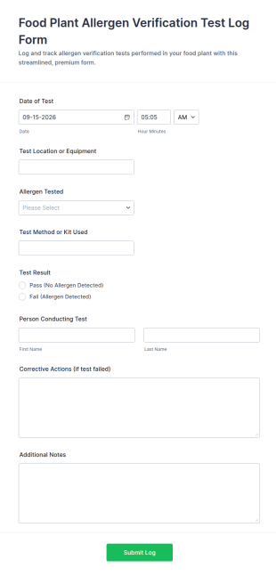 Food Plant Allergen Verification Test Log Form Template