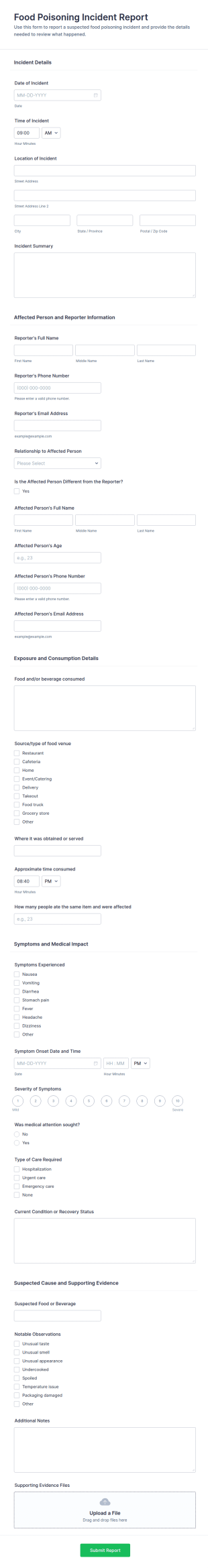 Food Poisoning Incident Report Form Template
