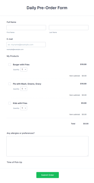 Food Pre Order Form Template