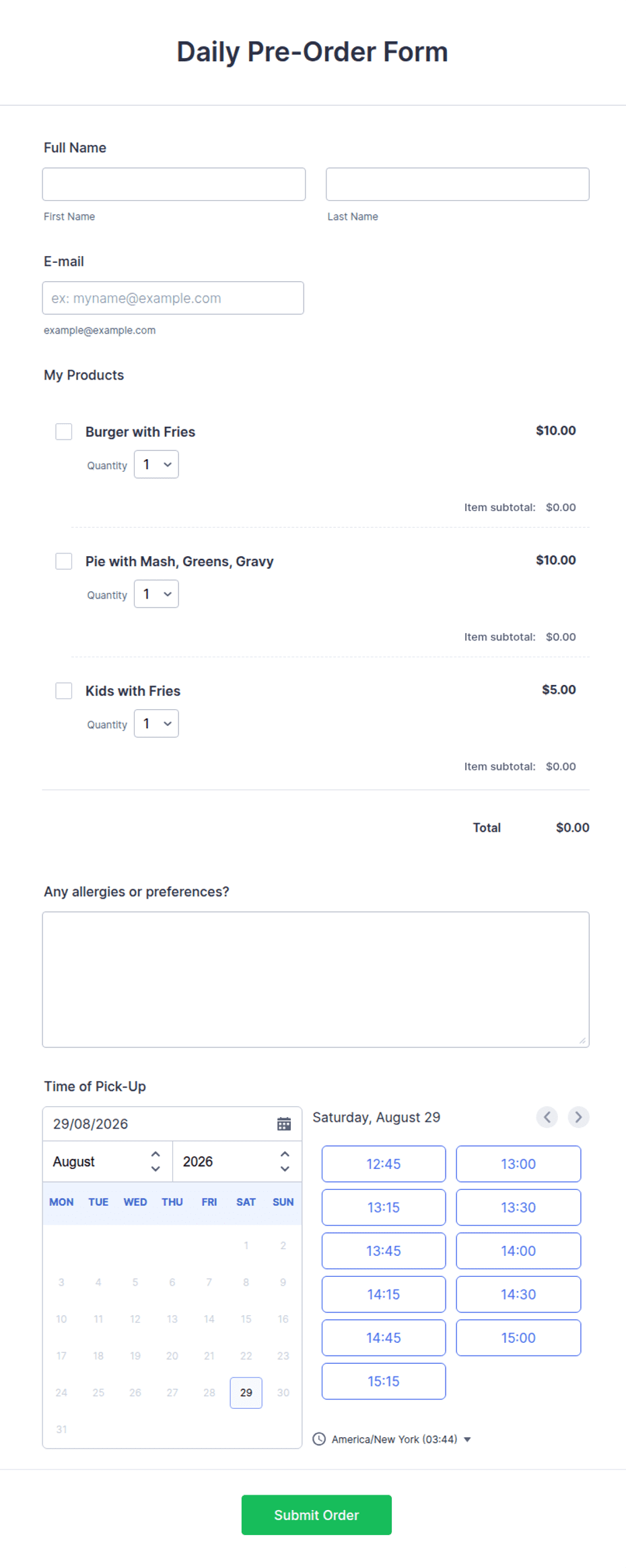 Pre Order Website Form Examples Pre Order Sheet Template
