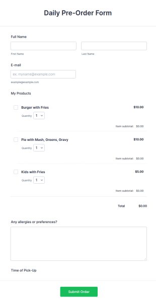 Food Pre Order Form Template